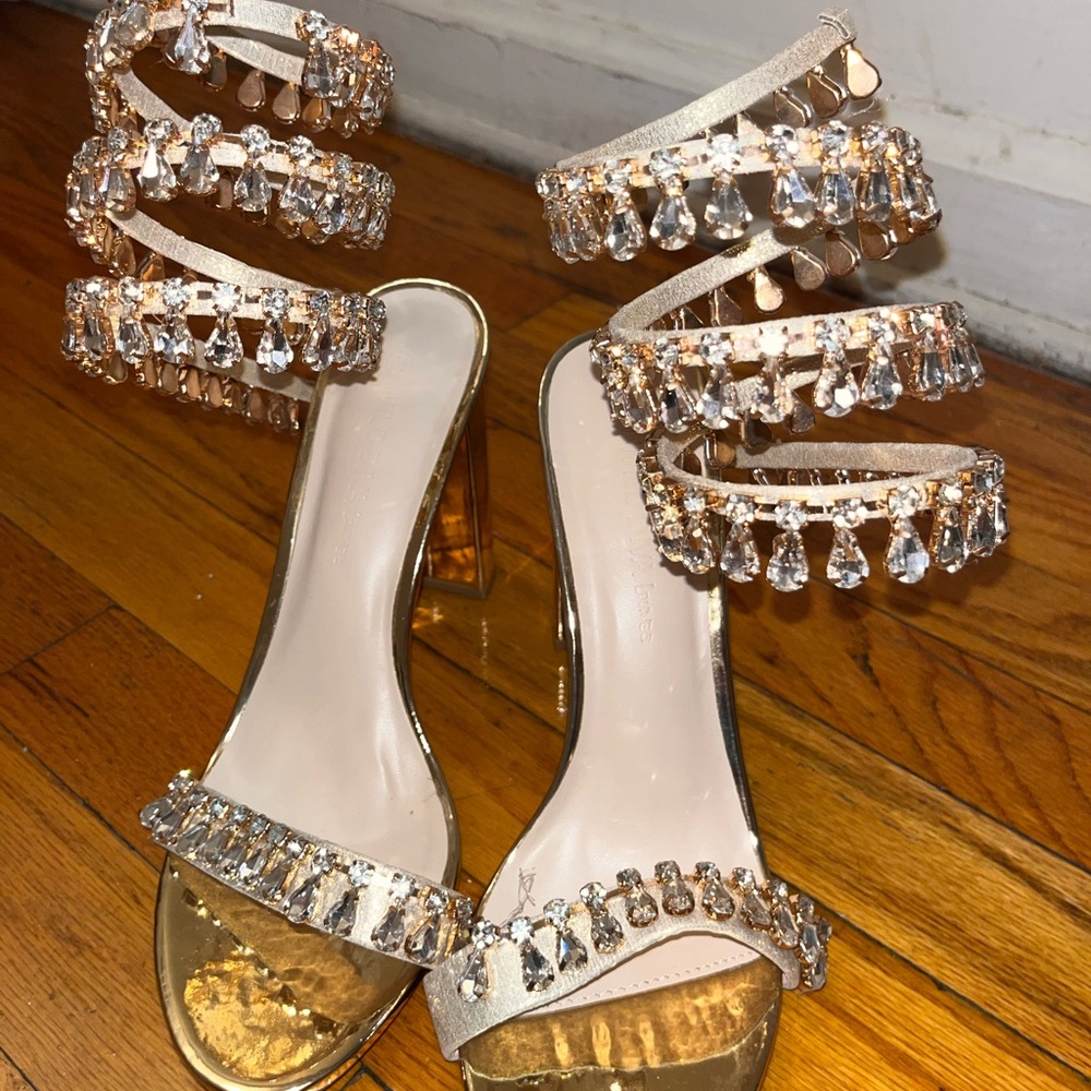 Elegant Gold Strappy Heels with Crystal Accents
